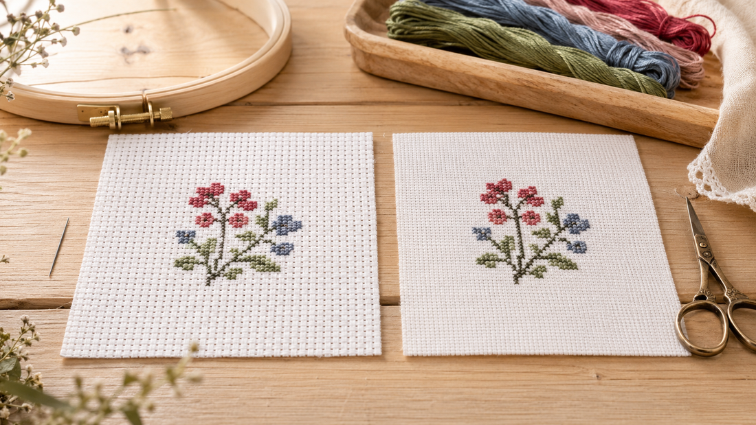 Side-by-side comparison of the same floral cross stitch design stitched on white 14-count and 16-count Aida cloth.