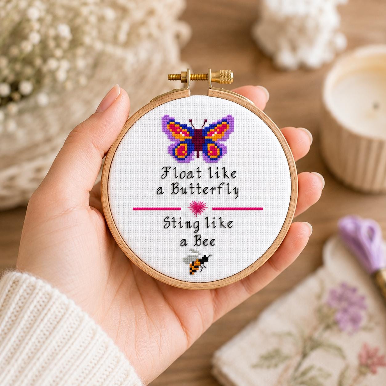 Butterfly and Bee Quote Cross Stitch Pattern PDF digital pattern preview