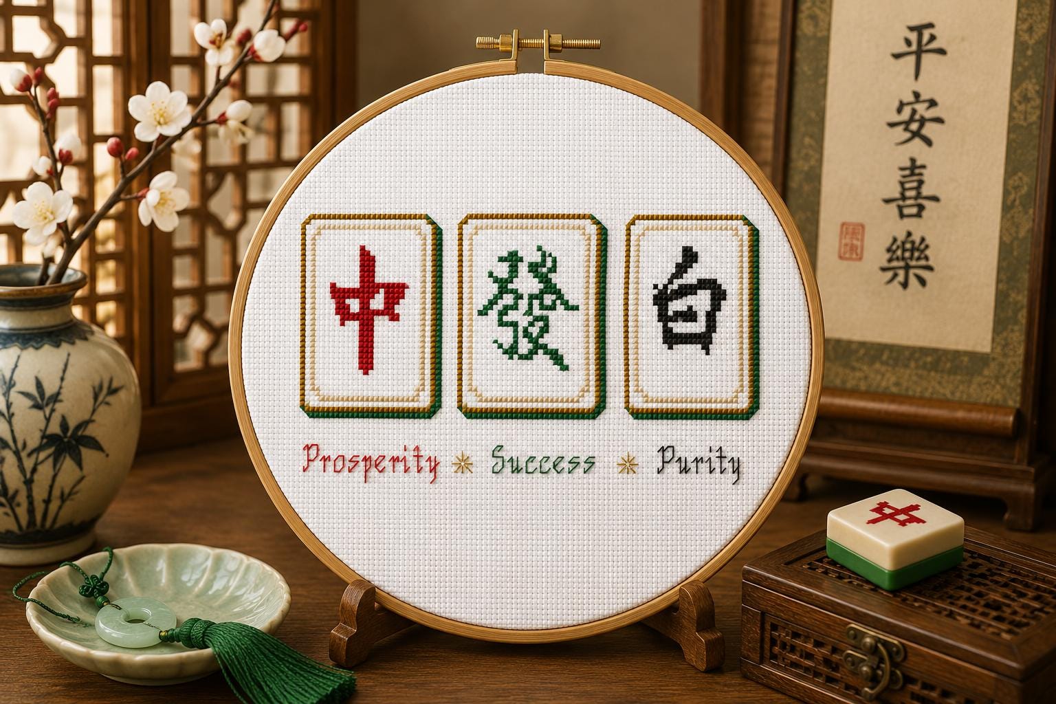 Mahjong Dragons Cross Stitch Pattern PDF finished cross stitch design