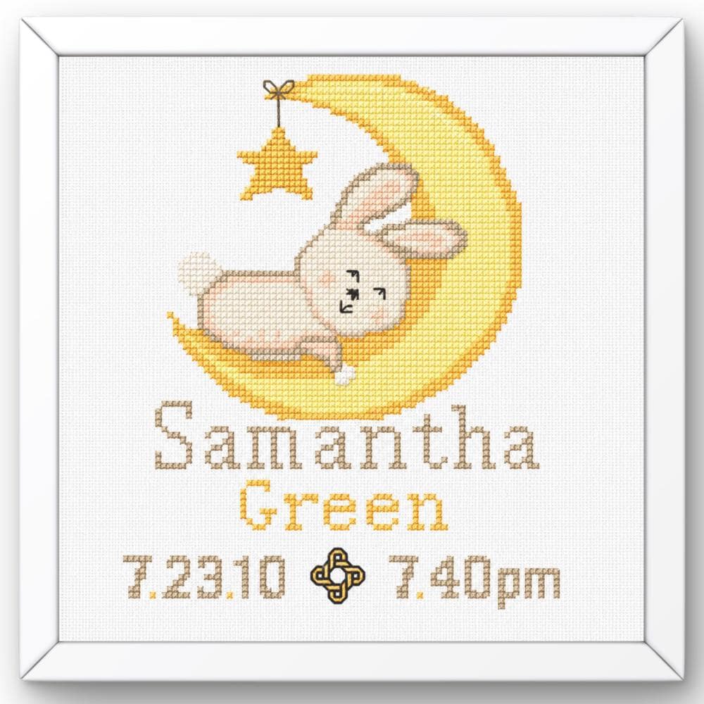 Bunny Moon Birth Announcement Cross Stitch Pattern finished cross stitch design