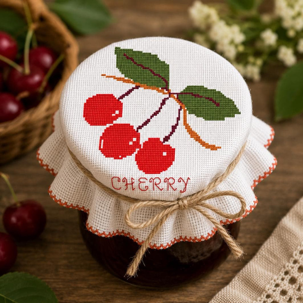 Cherry Jam Jar Cover Cross Stitch Pattern PDF finished cross stitch design