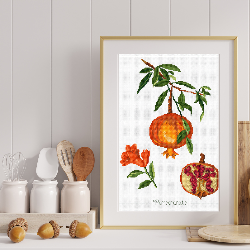 Pomegranate Cross Stitch Pattern, Fruit Embroidery, Kitchen Wall Decor, Flower Cross-stitch, Pattern Keeper, Digital PDF Chart