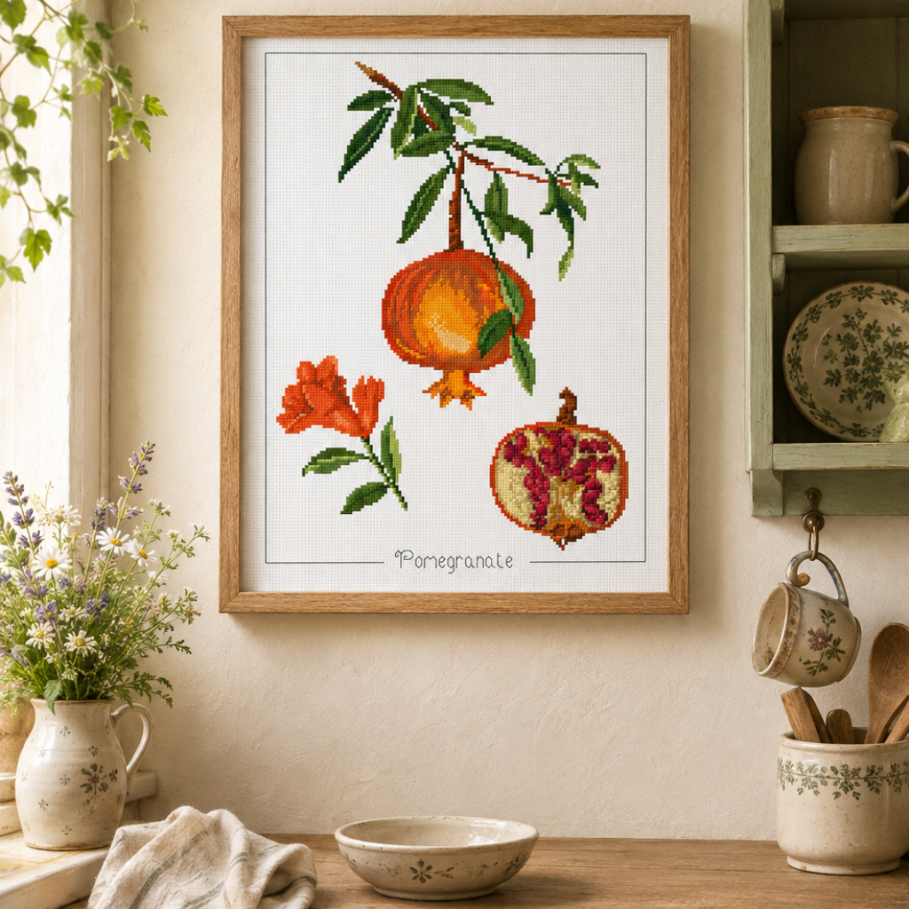 Pomegranate Cross Stitch Pattern, Fruit Embroidery, Kitchen Wall Decor, Flower Cross-stitch, Pattern Keeper, Digital PDF Chart