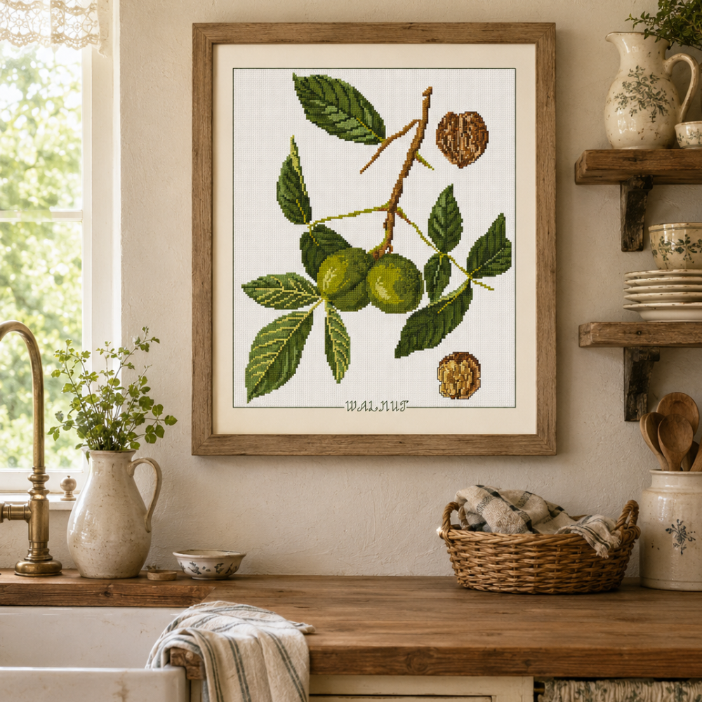 Walnut Cross Stitch Pattern, Walnut Branch Pattern, Vintage Kitchen Decor, Cottagecore Embroidery, Instant Download PDF, Pattern Keeper