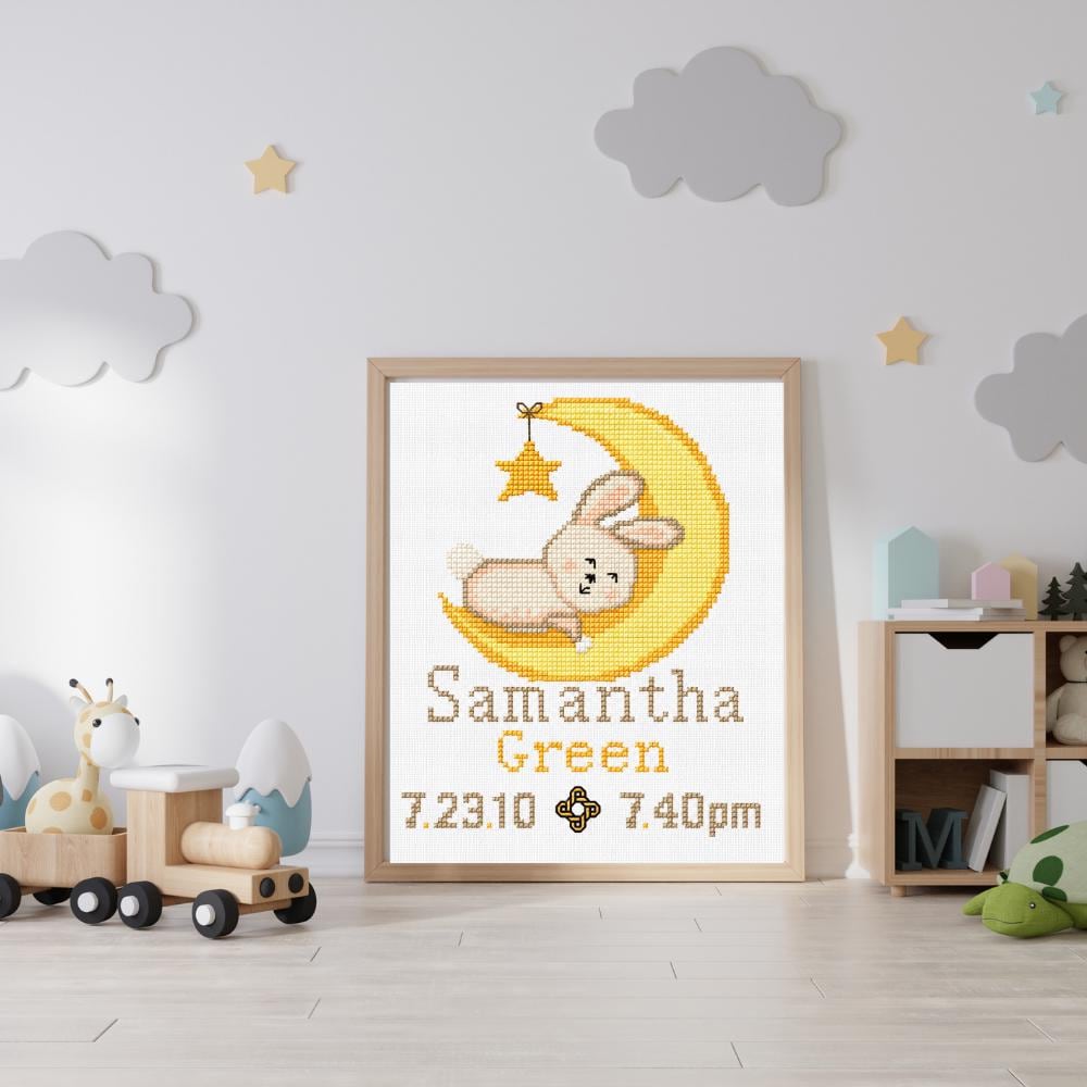 Bunny Moon Birth Announcement Cross Stitch Pattern digital pattern preview