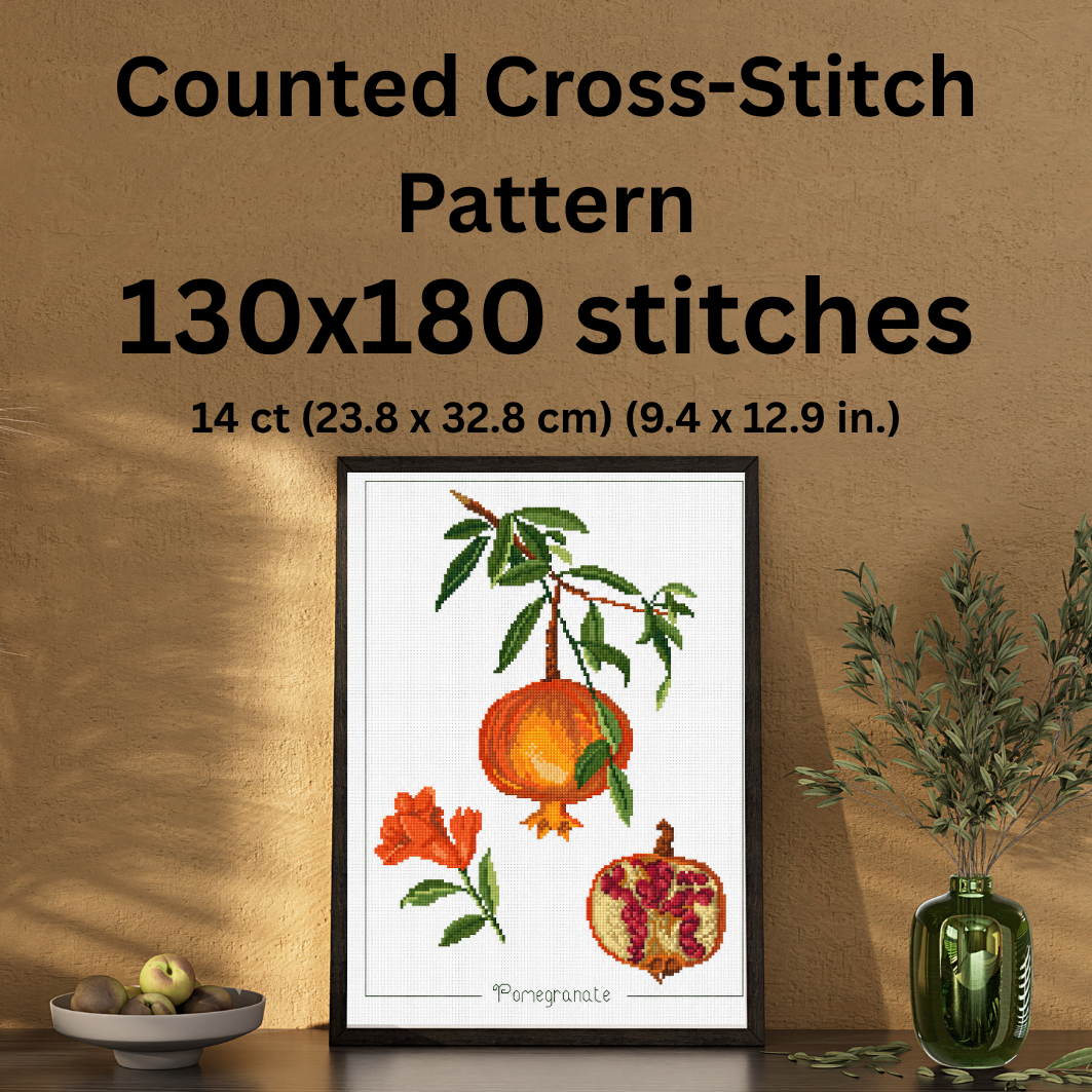 Pomegranate Cross Stitch Pattern, Fruit Embroidery, Kitchen Wall Decor, Flower Cross-stitch, Pattern Keeper, Digital PDF Chart