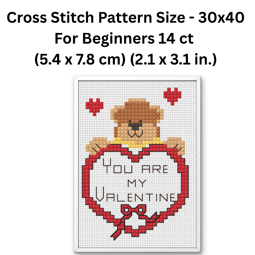 Valentine Bear Cross Stitch Pattern PDF, Teddy Bear Heart Embroidery, Romantic Valentine Gift, Cute Love Counted Cross Stitch
