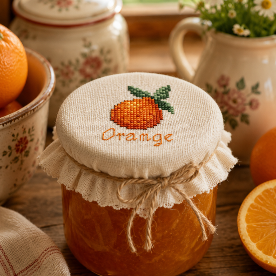 Orange Cross Stitch Pattern PDF, Cottagecore Kitchen Embroidery, Fruit Pattern, Jam Jar Cover, Apron & Kitchen Decor