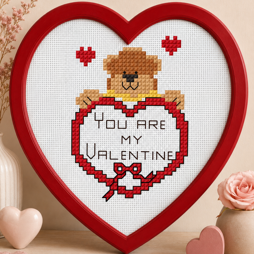 Valentine Bear Cross Stitch Pattern PDF, Teddy Bear Heart Embroidery, Romantic Valentine Gift, Cute Love Counted Cross Stitch