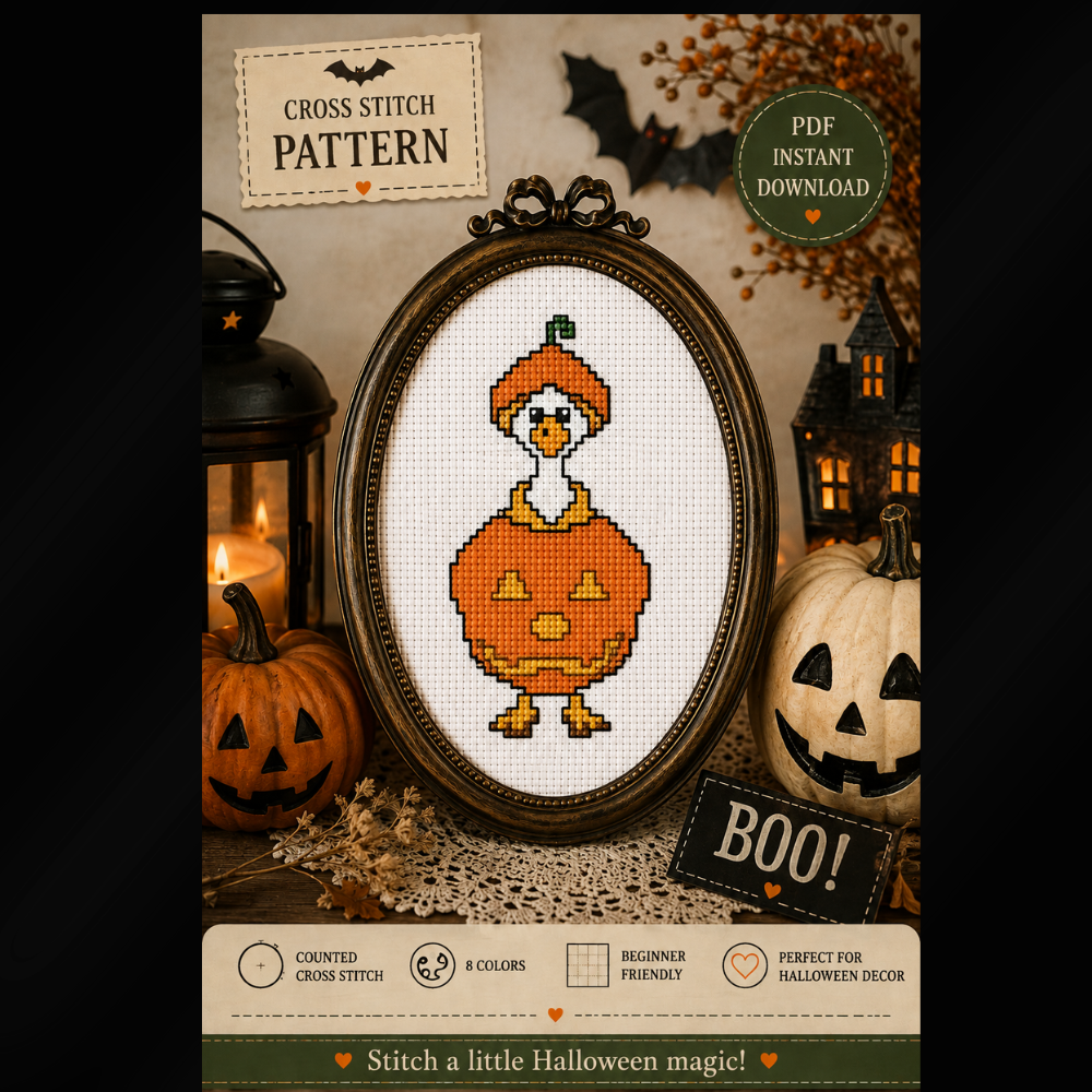 Halloween Mini Duck Cross Stitch Pattern, Cute Goose PDF, Witch, Pumpkin, Ghost, Funny Halloween Decor, Beginner Counted Cross Stitch