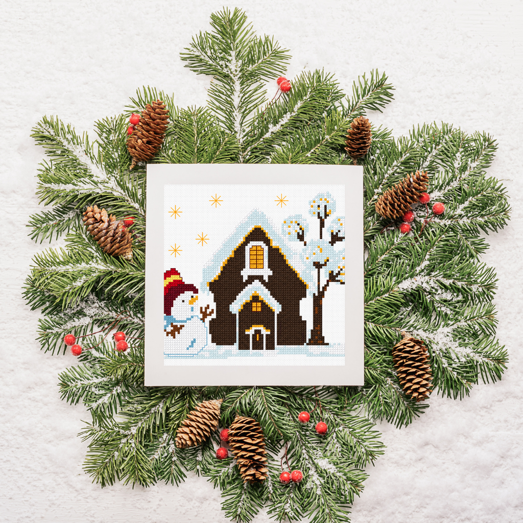 Winter Home with Lights Cross Stitch Pattern PDF, Snowman Christmas Scene, Cozy Winter Decor, Pattern Keeper, Immediate Download