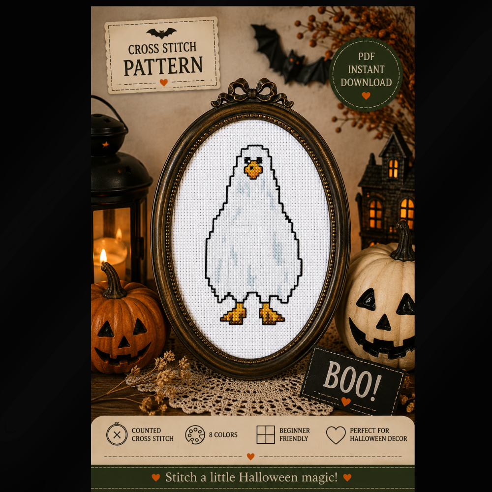 Halloween Mini Duck Cross Stitch Pattern, Cute Goose PDF, Witch, Pumpkin, Ghost, Funny Halloween Decor, Beginner Counted Cross Stitch