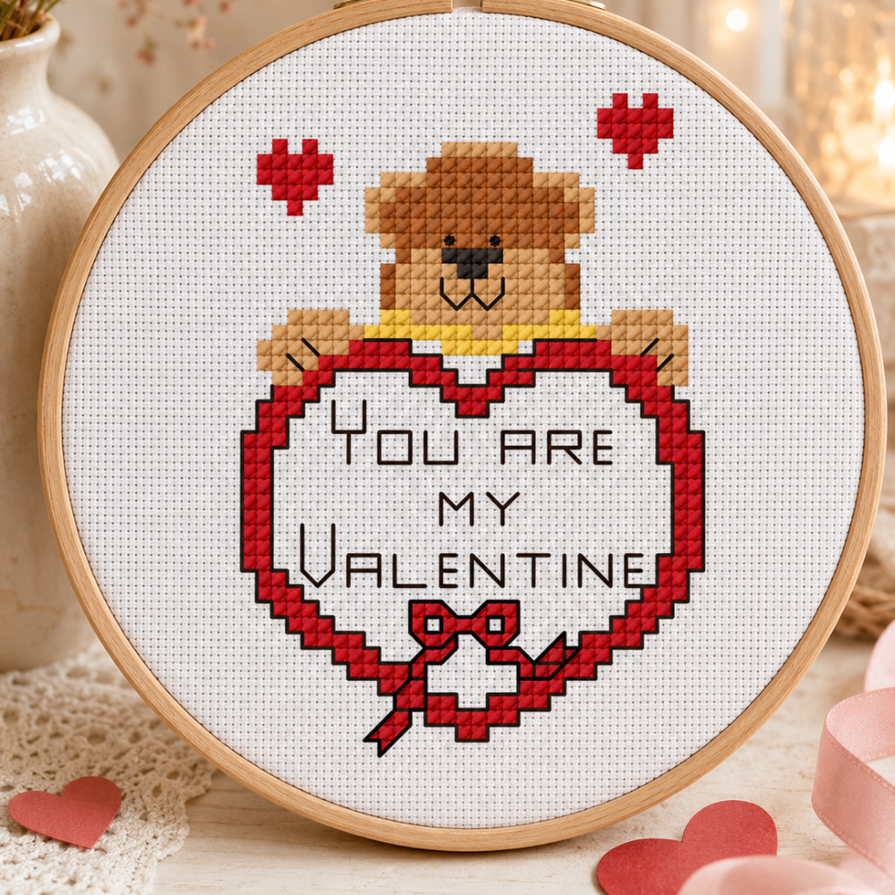 Valentine Bear Cross Stitch Pattern PDF, Teddy Bear Heart Embroidery, Romantic Valentine Gift, Cute Love Counted Cross Stitch