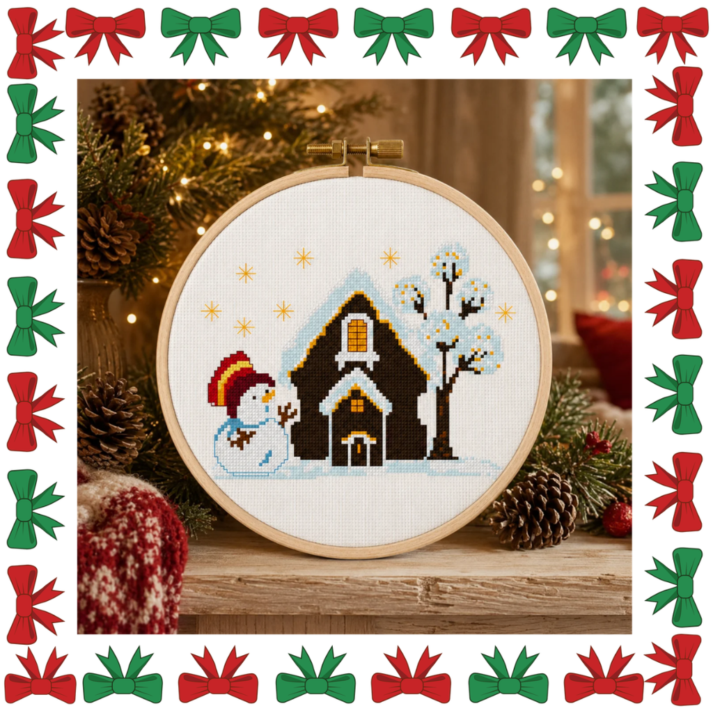 Winter Home with Lights Cross Stitch Pattern PDF, Snowman Christmas Scene, Cozy Winter Decor, Pattern Keeper, Immediate Download