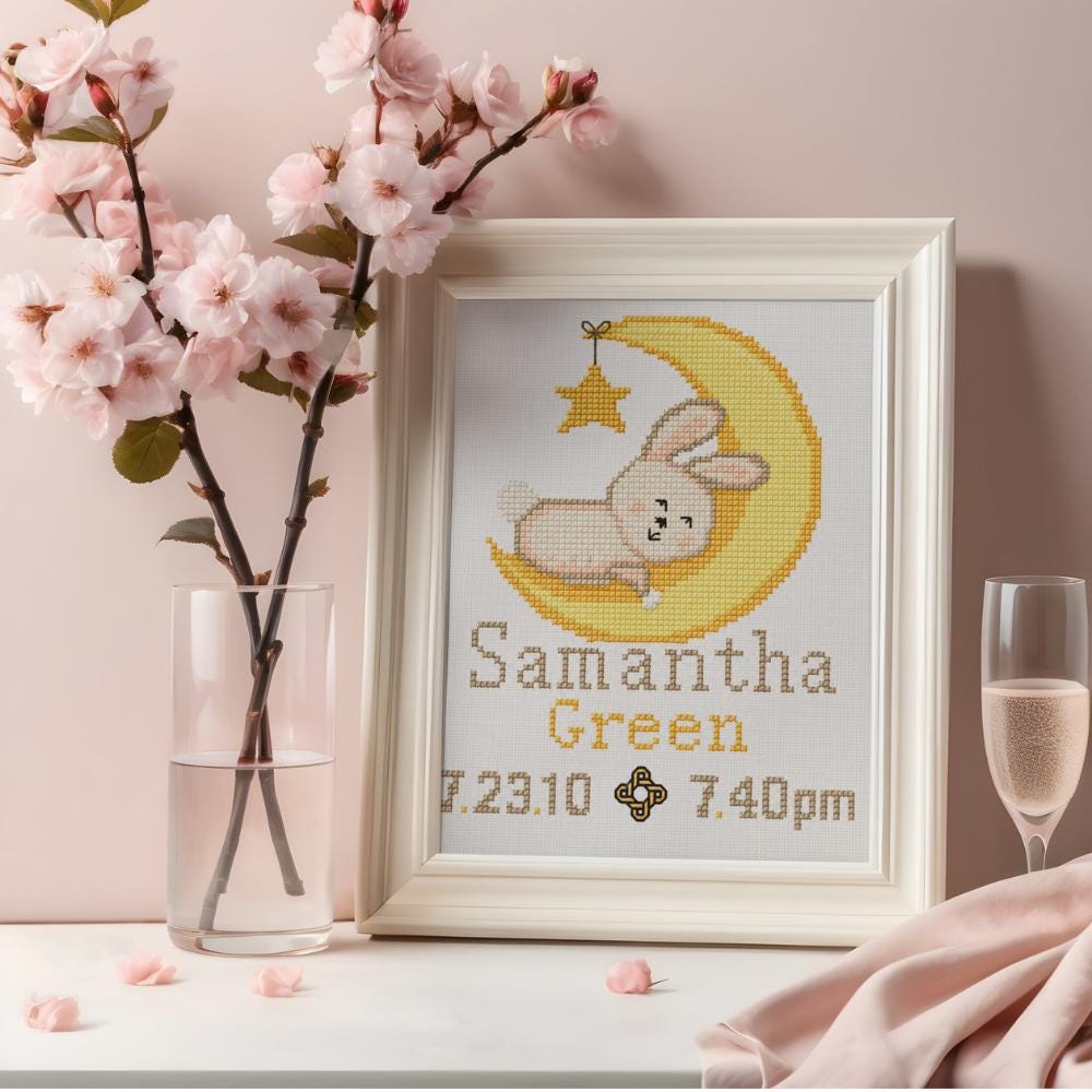 Bunny Moon Birth Announcement Cross Stitch Pattern digital pattern preview