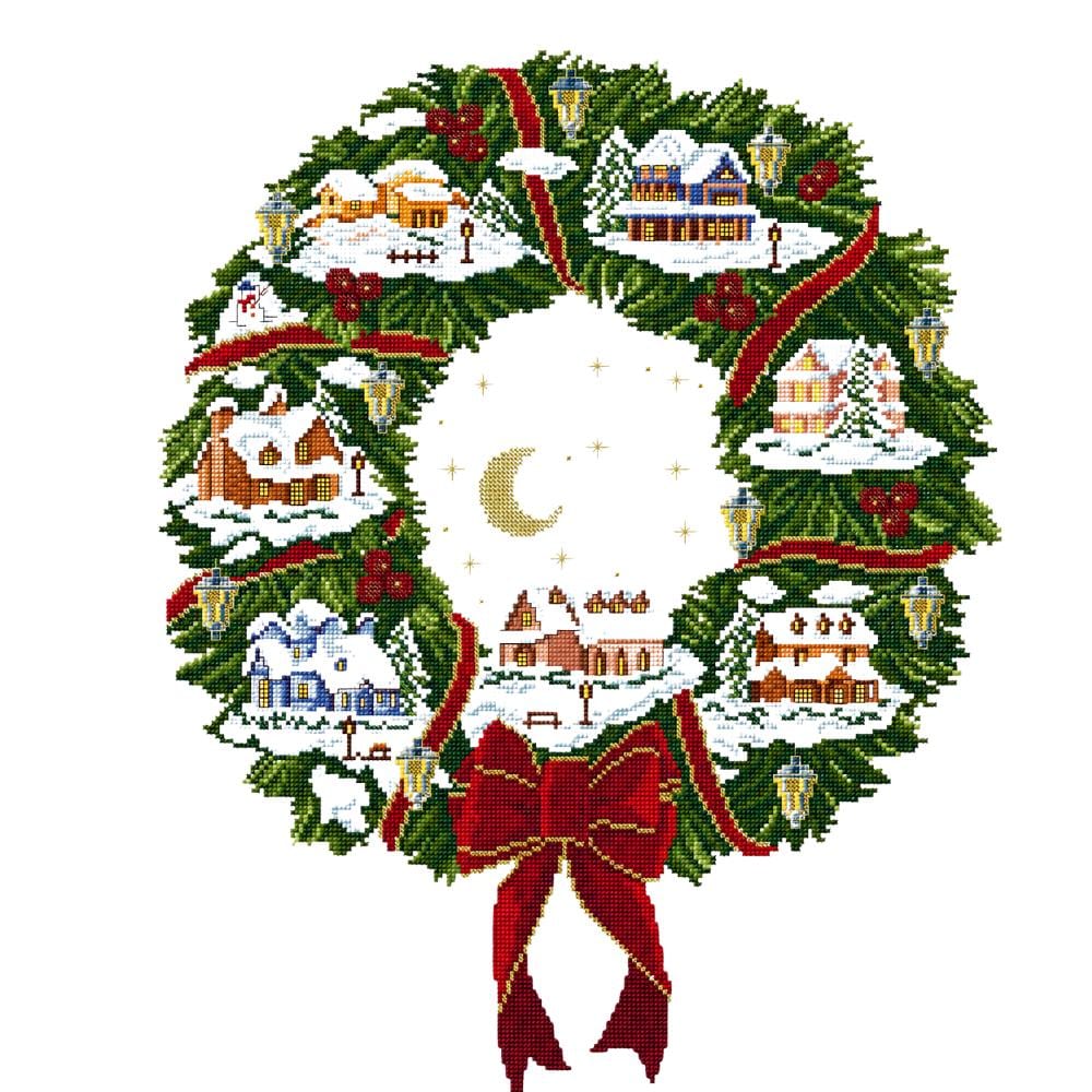 Christmas Village Wreath Cross Stitch Pattern PDF digital pattern preview