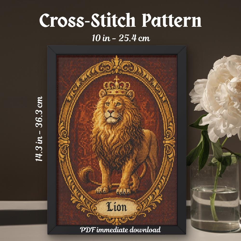 Crowned Lion Cross Stitch Pattern PDF finished cross stitch design