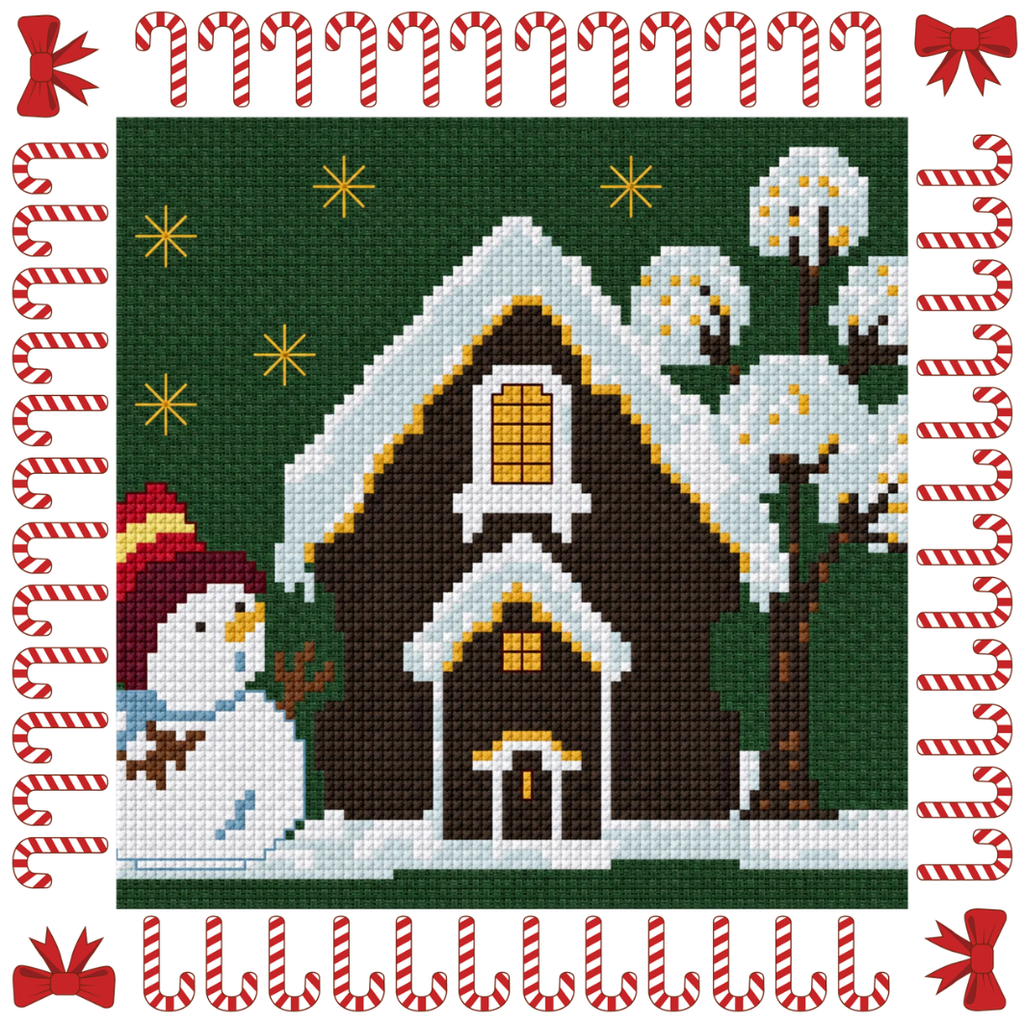 Winter Home with Lights Cross Stitch Pattern PDF, Snowman Christmas Scene, Cozy Winter Decor, Pattern Keeper, Immediate Download