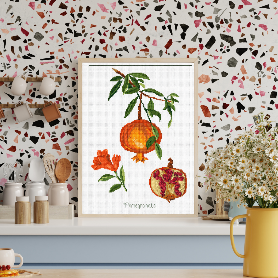 Pomegranate Cross Stitch Pattern, Fruit Embroidery, Kitchen Wall Decor, Flower Cross-stitch, Pattern Keeper, Digital PDF Chart
