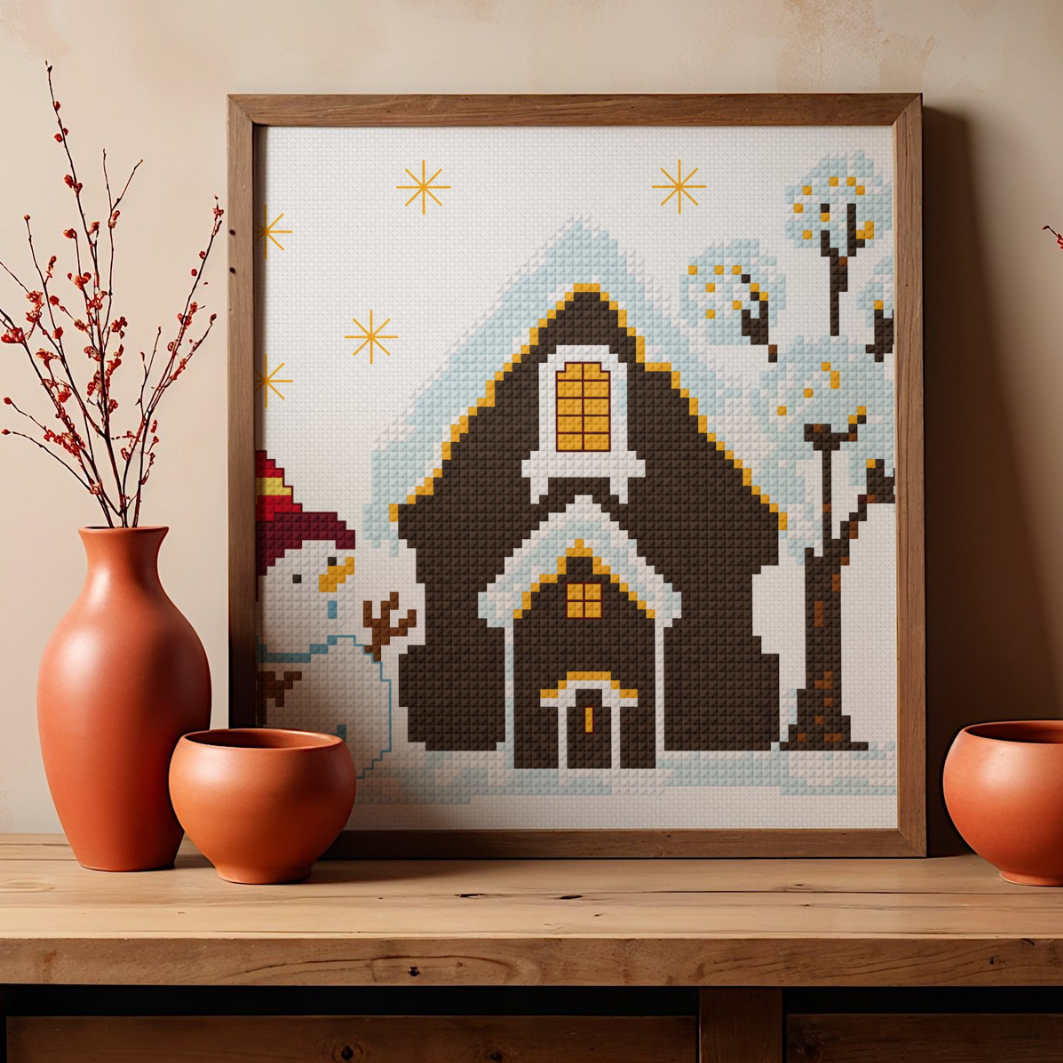 Winter Home with Lights Cross Stitch Pattern PDF, Snowman Christmas Scene, Cozy Winter Decor, Pattern Keeper, Immediate Download