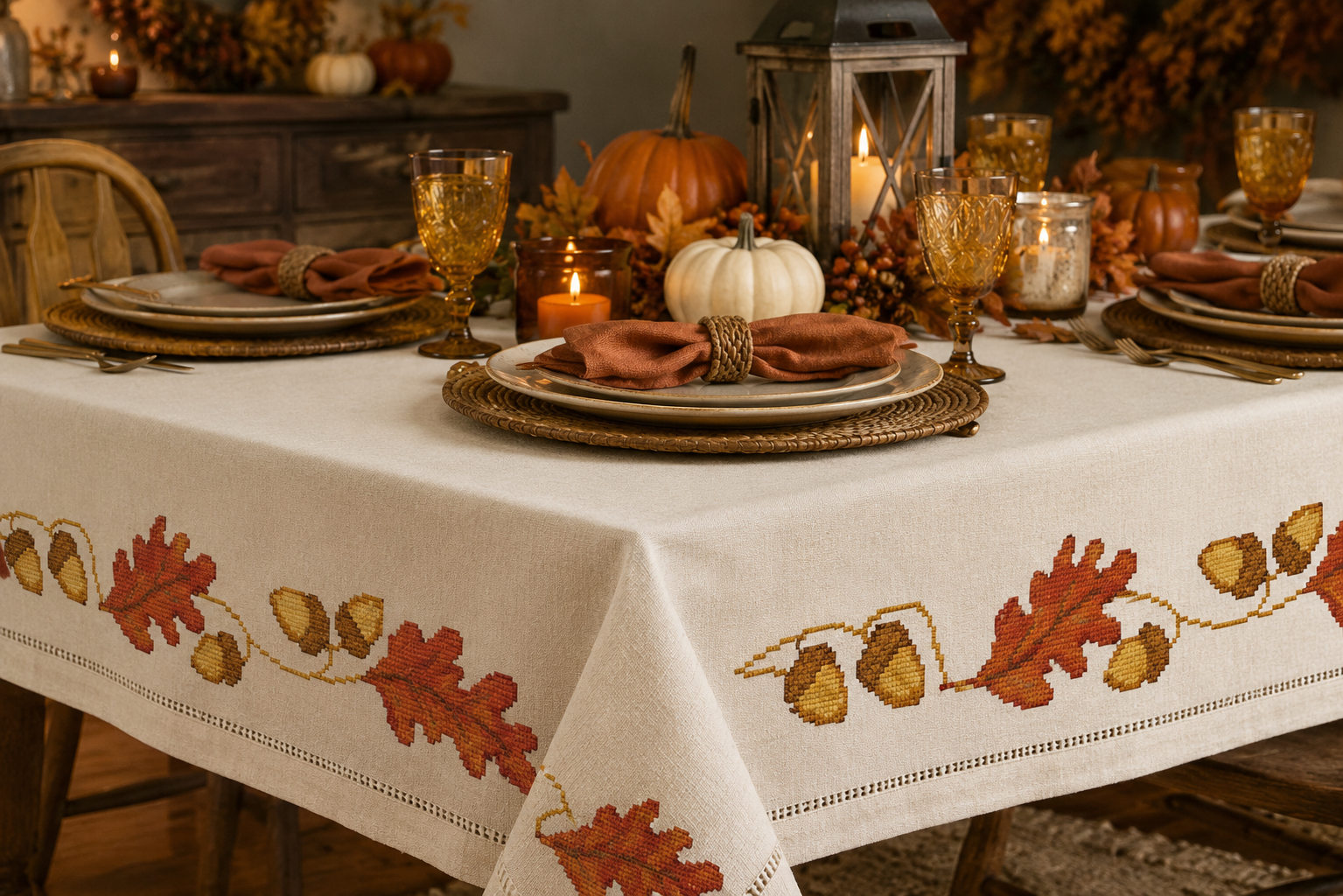 Thanksgiving Cross Stitch Pattern, Autumn Acorns & Oak Leaves Border, Fall Tablecloth Embroidery, Cottagecore PDF Pattern