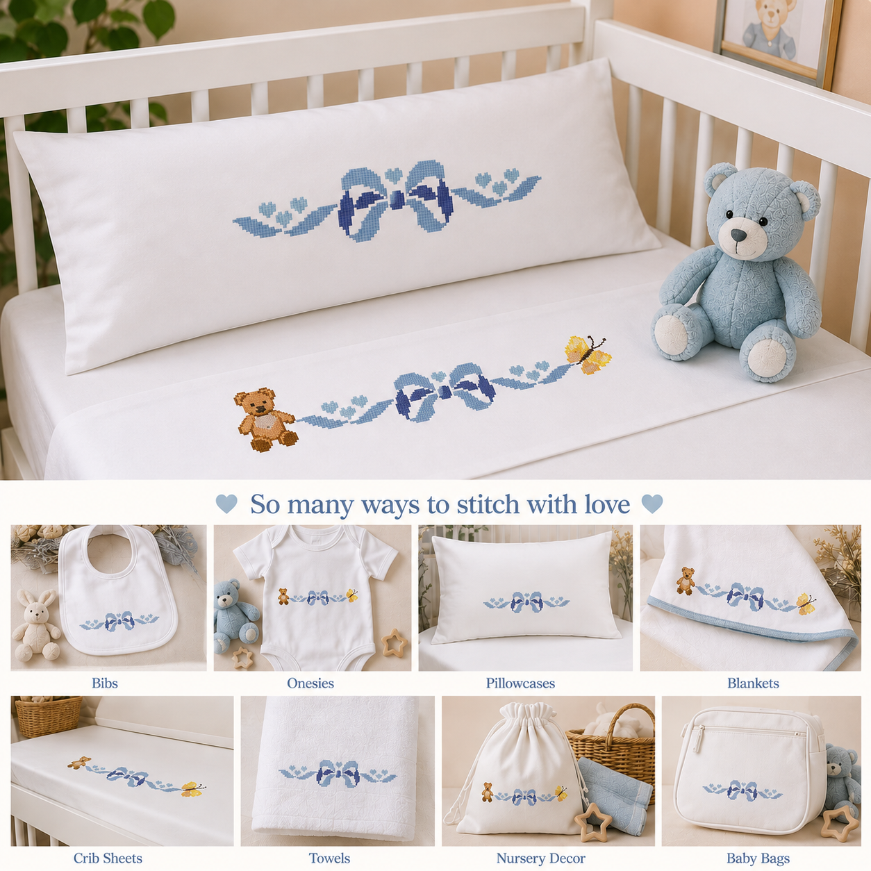 Baby Cross Stitch Border Bundle, 4 Nursery Patterns, Crib Sheet, Blanket, Bib, Onesie & Baby Linen Embroidery PDF