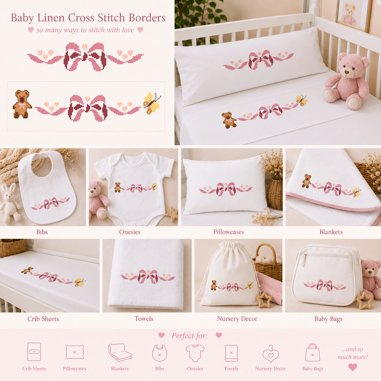 Baby Cross Stitch Border Bundle, 4 Nursery Patterns, Crib Sheet, Blanket, Bib, Onesie & Baby Linen Embroidery PDF