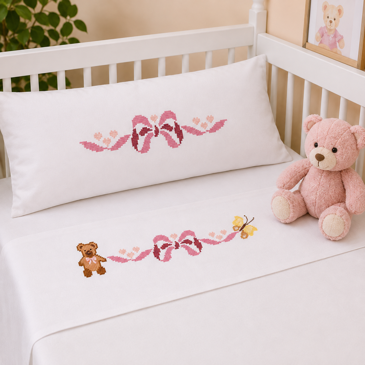 Baby Cross Stitch Border Bundle, 4 Nursery Patterns, Crib Sheet, Blanket, Bib, Onesie & Baby Linen Embroidery PDF