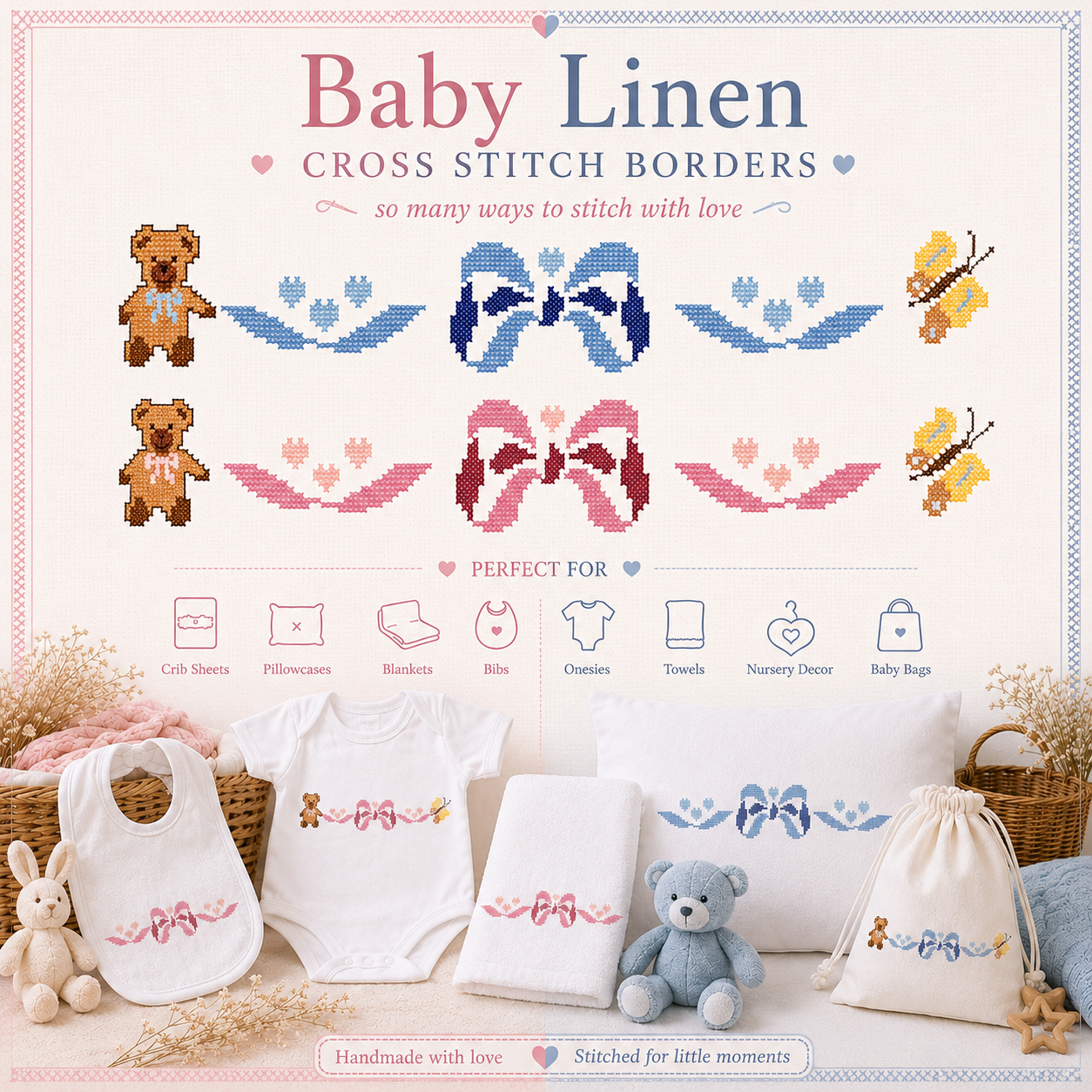 Baby Cross Stitch Border Bundle, 4 Nursery Patterns, Crib Sheet, Blanket, Bib, Onesie & Baby Linen Embroidery PDF