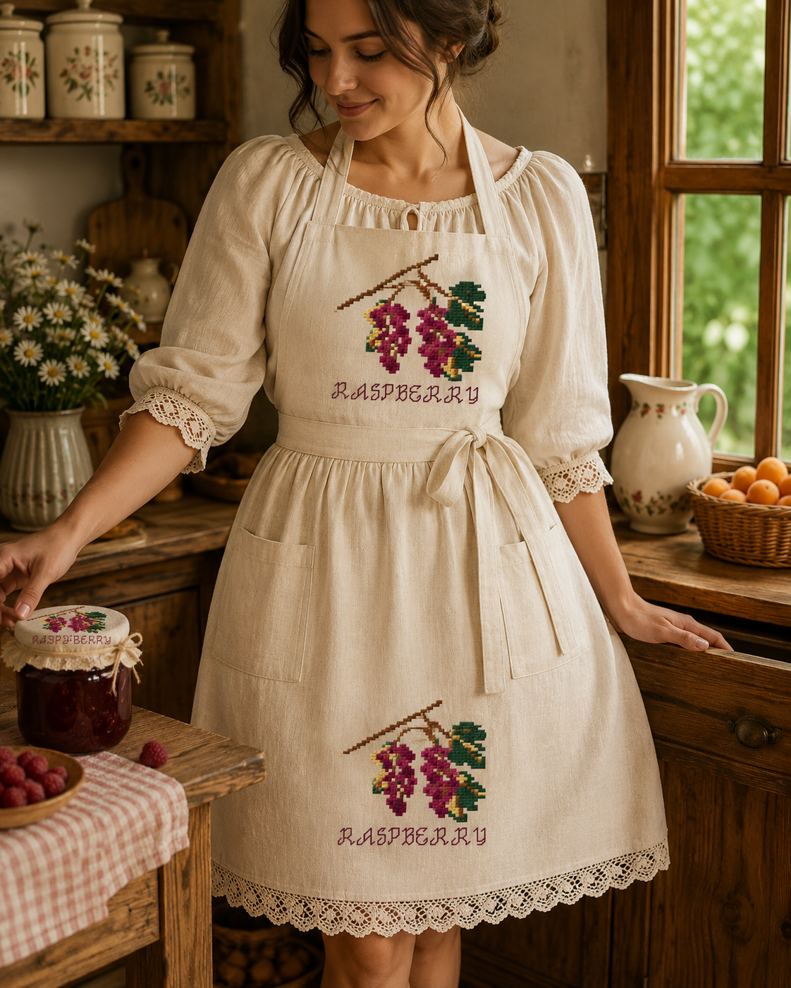 Raspberry Cross Stitch Pattern | Berry Jam Jar Cover Embroidery | Cottage Kitchen Decor | Bella's Pantry Winter preparation | Table cloth