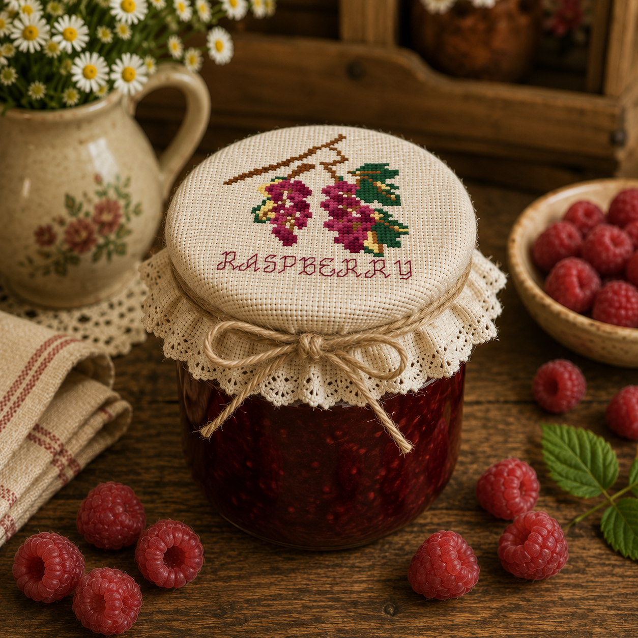 Raspberry Cross Stitch Pattern | Berry Jam Jar Cover Embroidery | Cottage Kitchen Decor | Bella's Pantry Winter preparation | Table cloth