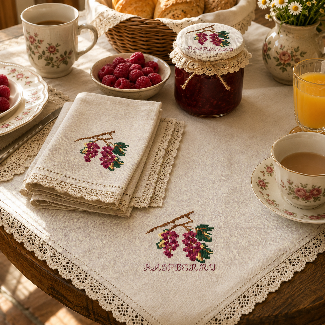 Raspberry Cross Stitch Pattern | Berry Jam Jar Cover Embroidery | Cottage Kitchen Decor | Bella's Pantry Winter preparation | Table cloth