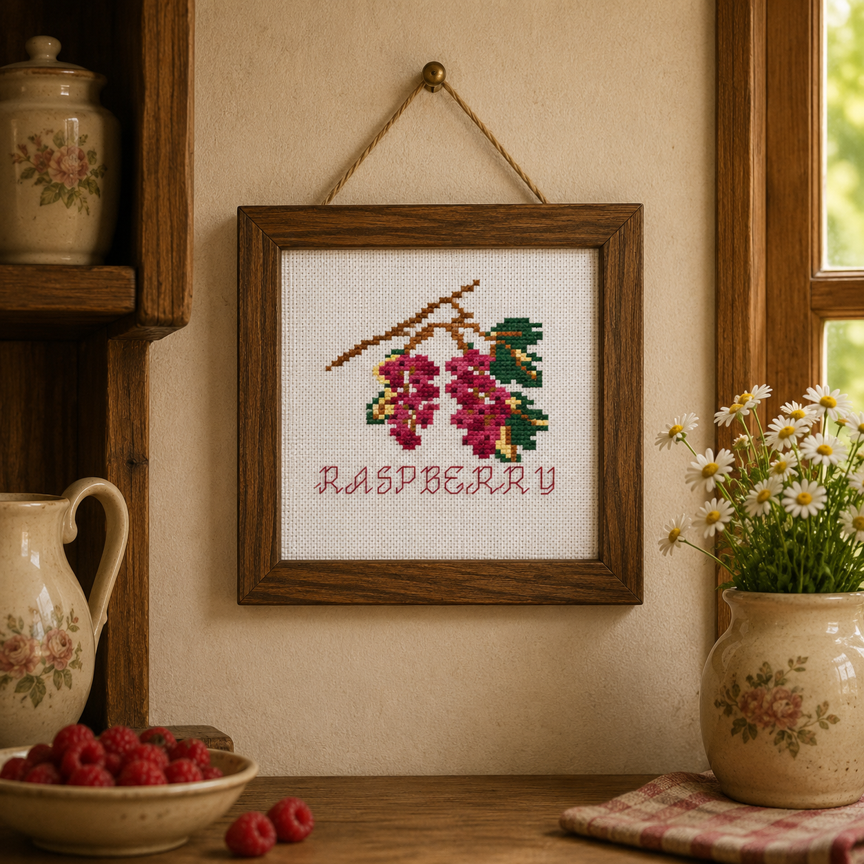Raspberry Cross Stitch Pattern | Berry Jam Jar Cover Embroidery | Cottage Kitchen Decor | Bella's Pantry Winter preparation | Table cloth