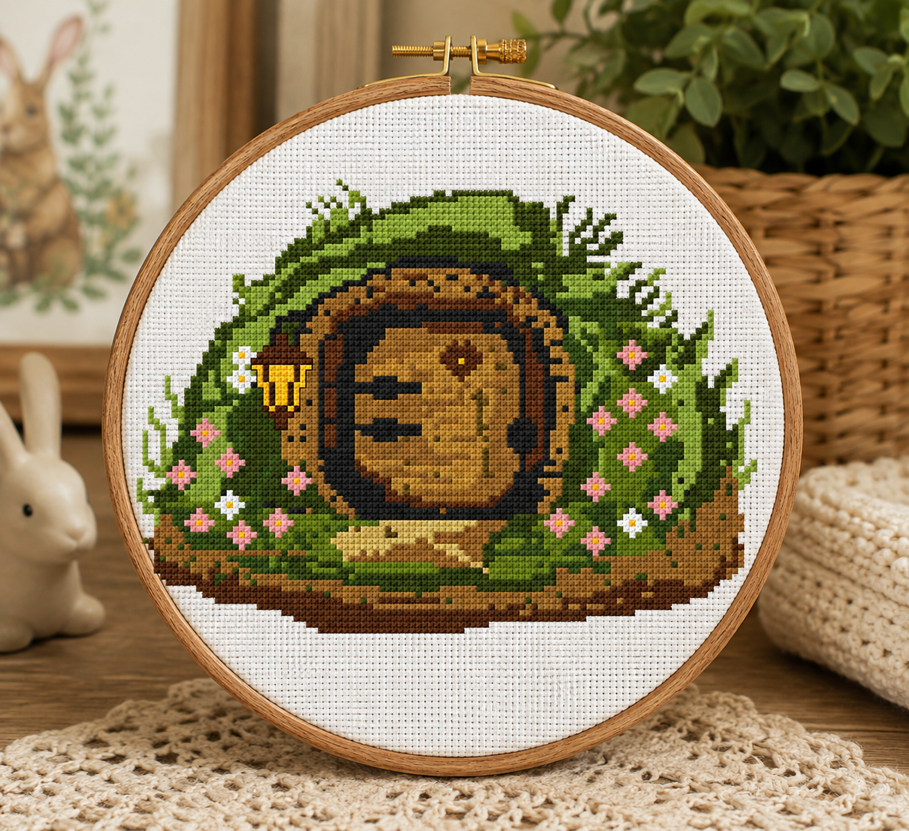 Bunny Burrow door, Cross Stitch Pattern, Rabbit Embroidery, Nursery Cross Stitch, Printable PDF, Needlework Pattern