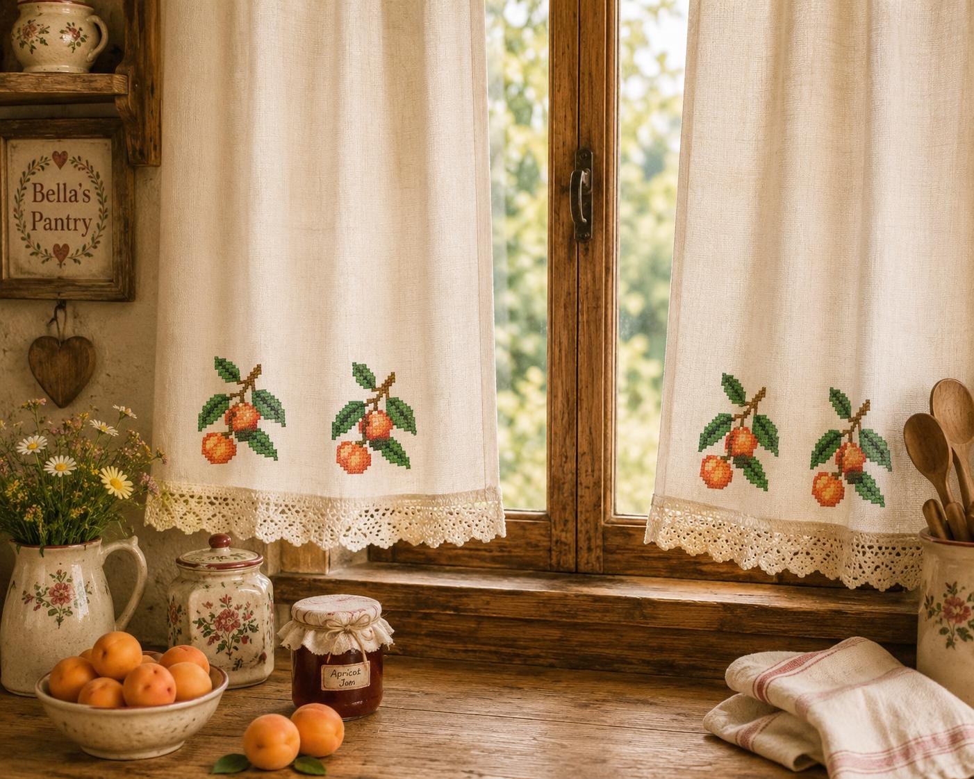 Apricot Cross Stitch Pattern | Bella's Pantry | Cottage Fruit Embroidery PDF | Rustic Kitchen Decor | Instant Download