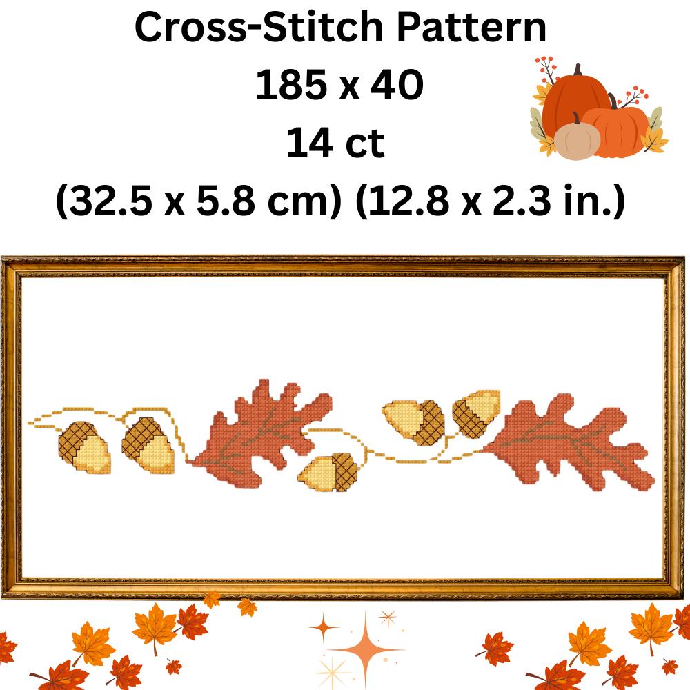 Thanksgiving Cross Stitch Pattern, Autumn Acorns & Oak Leaves Border, Fall Tablecloth Embroidery, Cottagecore PDF Pattern