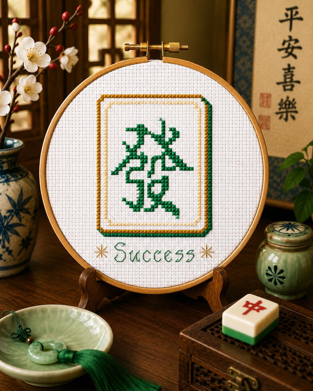 Green Dragon Mahjong Cross Stitch Pattern PDF finished cross stitch design