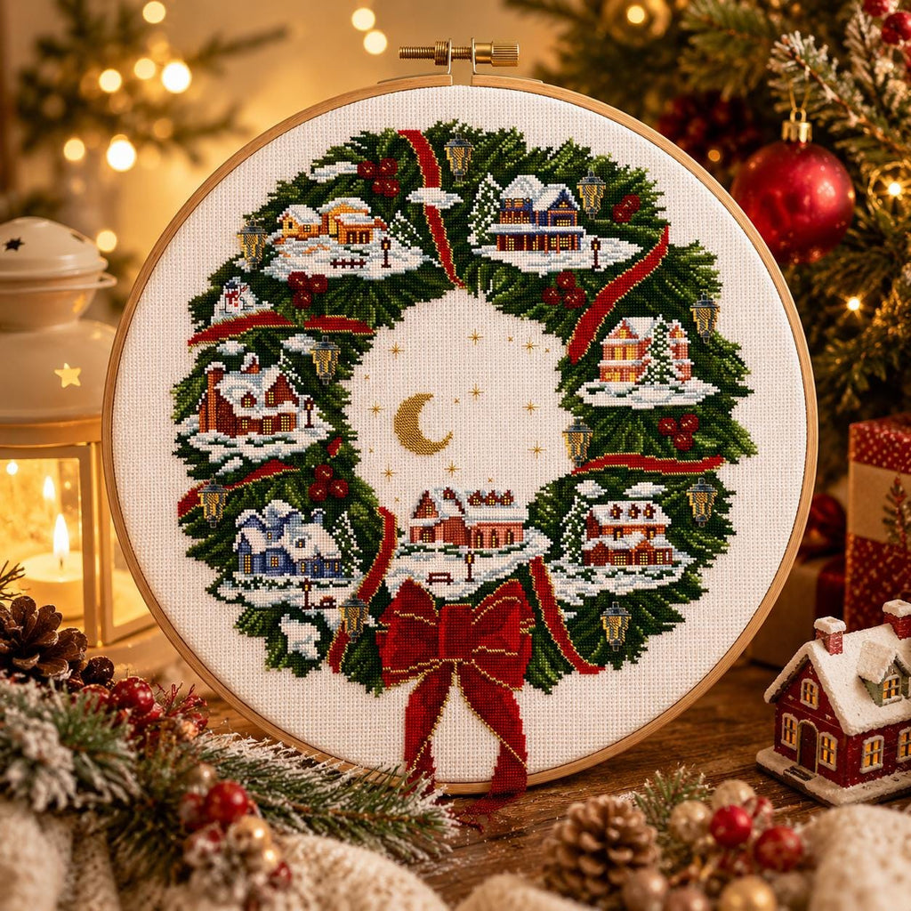 Christmas Village Wreath Cross Stitch Pattern PDF digital pattern preview