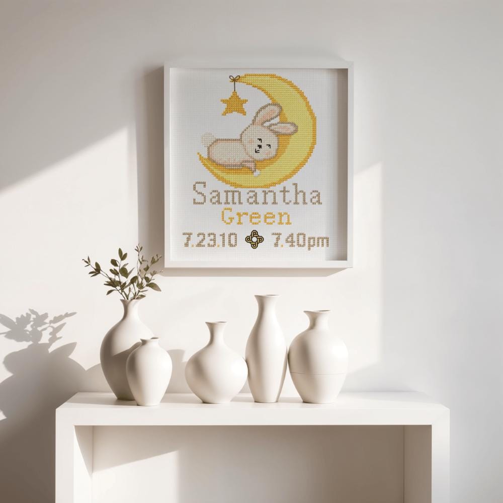 Bunny Moon Birth Announcement Cross Stitch Pattern digital pattern preview