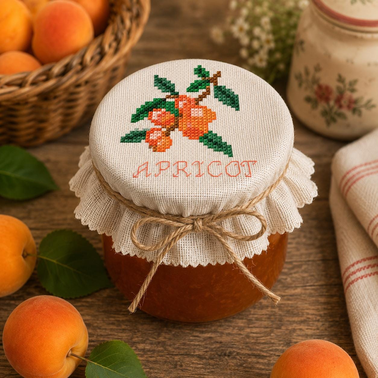 Apricot Cross Stitch Pattern | Bella's Pantry | Cottage Fruit Embroidery PDF | Rustic Kitchen Decor | Instant Download