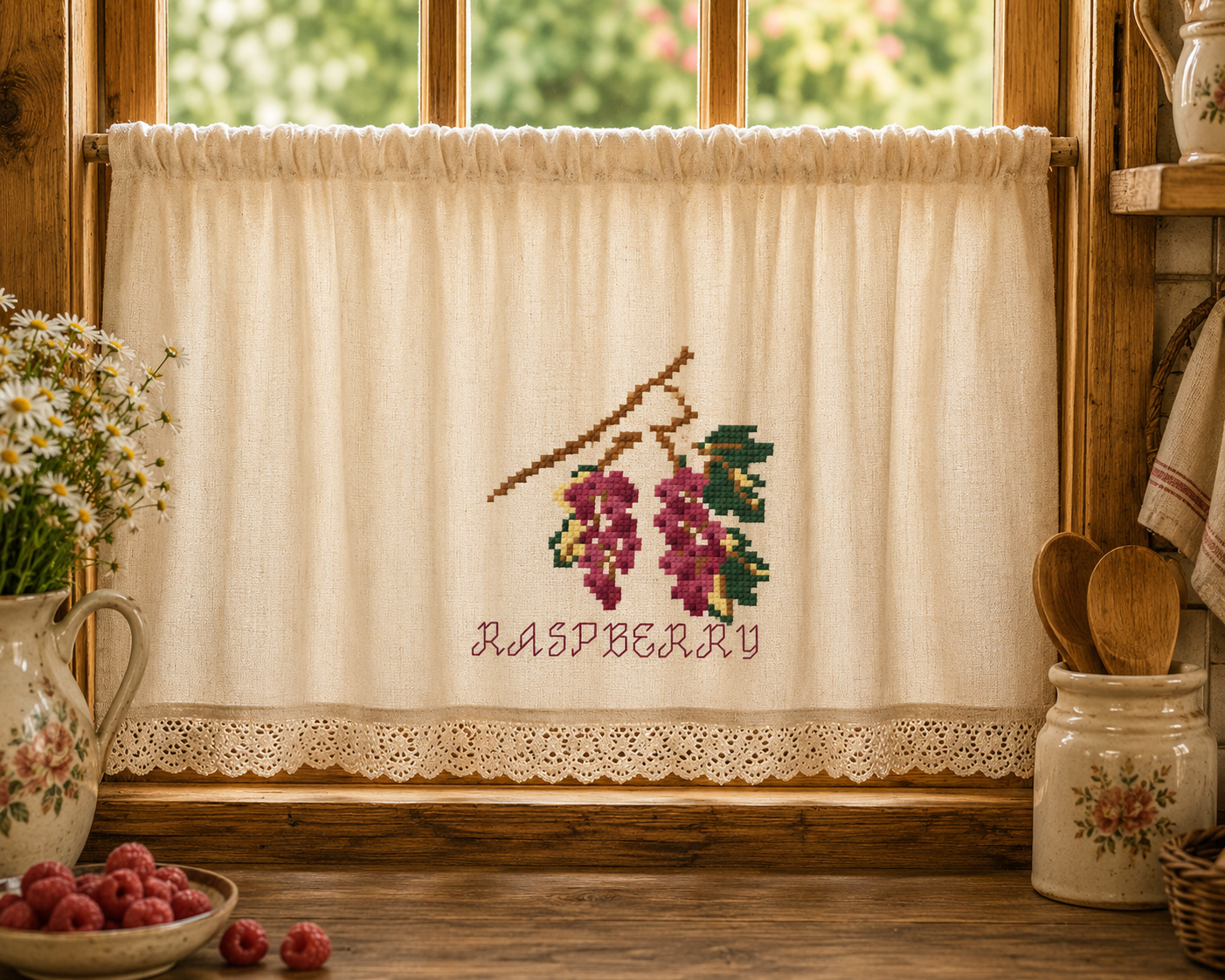 Raspberry Cross Stitch Pattern | Berry Jam Jar Cover Embroidery | Cottage Kitchen Decor | Bella's Pantry Winter preparation | Table cloth
