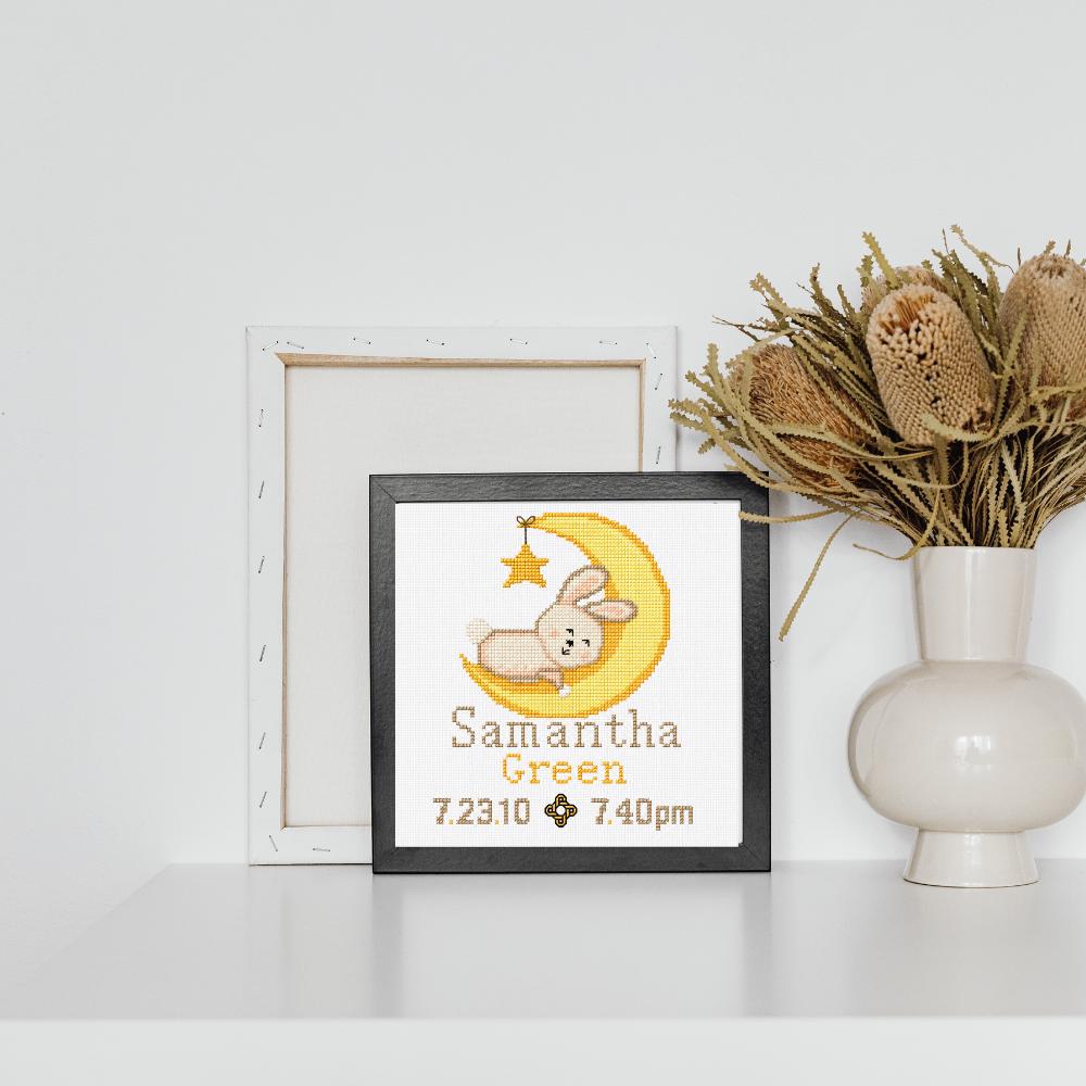 Bunny Moon Birth Announcement Cross Stitch Pattern digital pattern preview