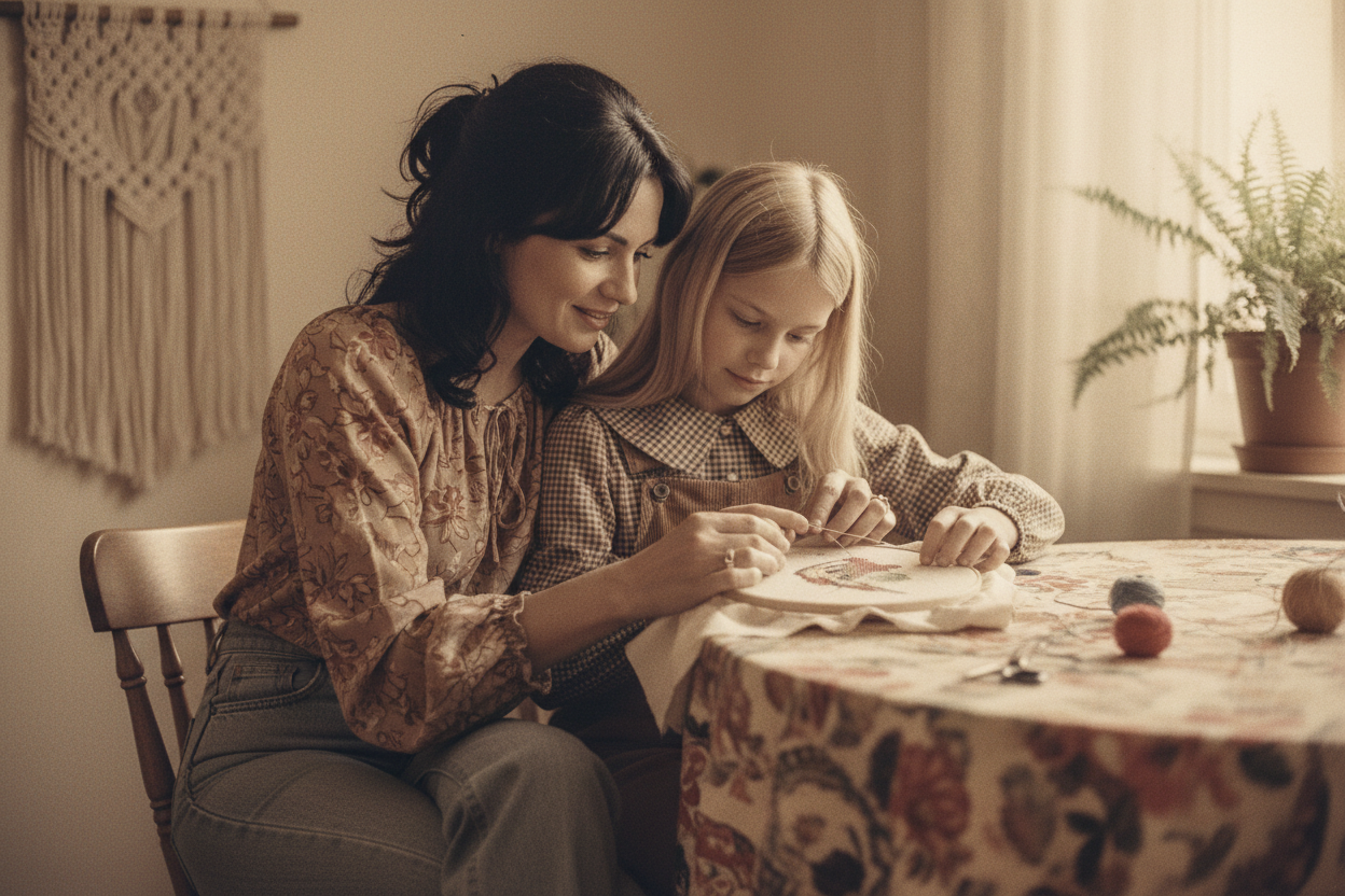 mother and daughter cross  stitching