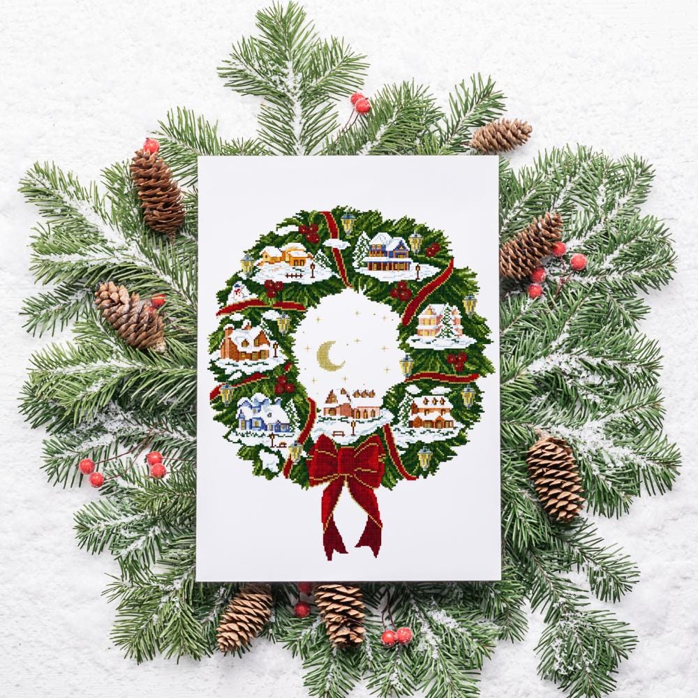 Christmas Village Wreath Cross Stitch Pattern PDF digital pattern preview