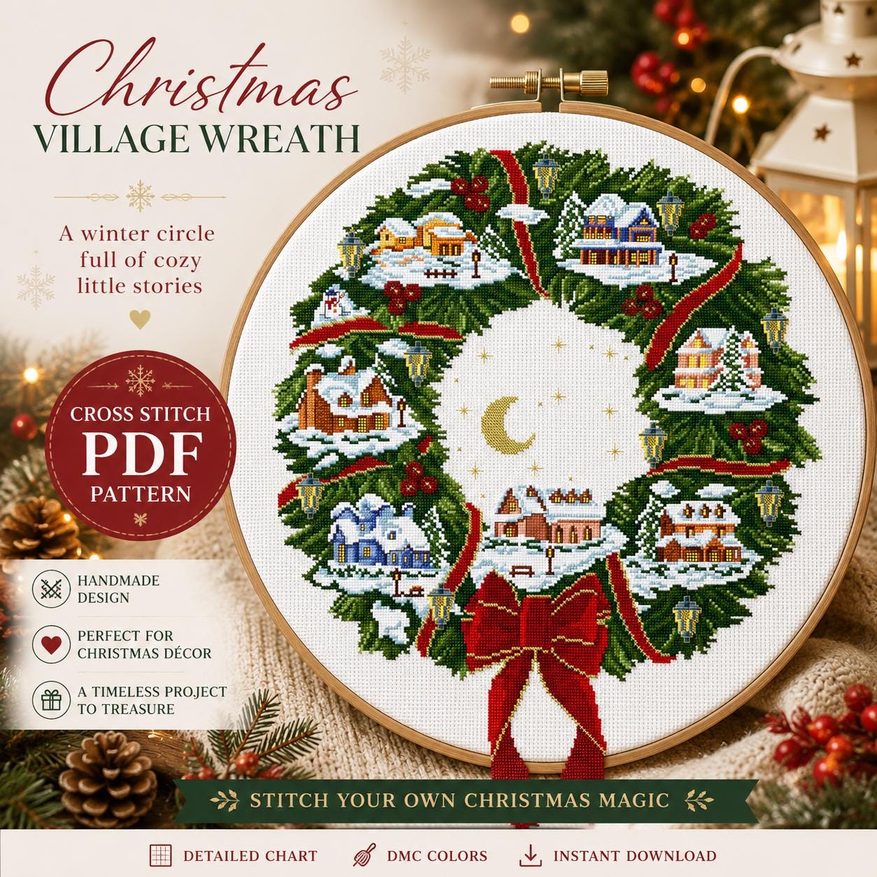 Christmas Village Wreath Cross Stitch Pattern PDF finished cross stitch design