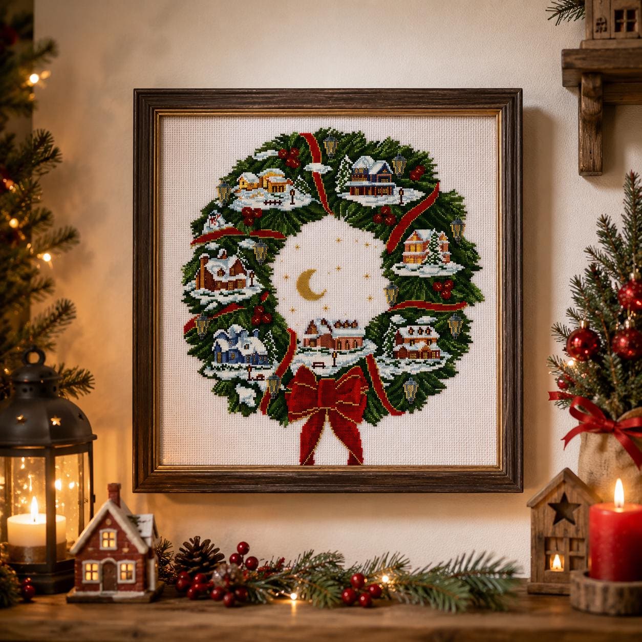 Christmas Village Wreath Cross Stitch Pattern PDF digital pattern preview