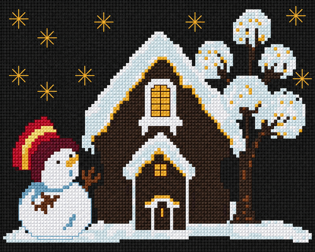 Winter Home with Lights Cross Stitch Pattern PDF, Snowman Christmas Scene, Cozy Winter Decor, Pattern Keeper, Immediate Download