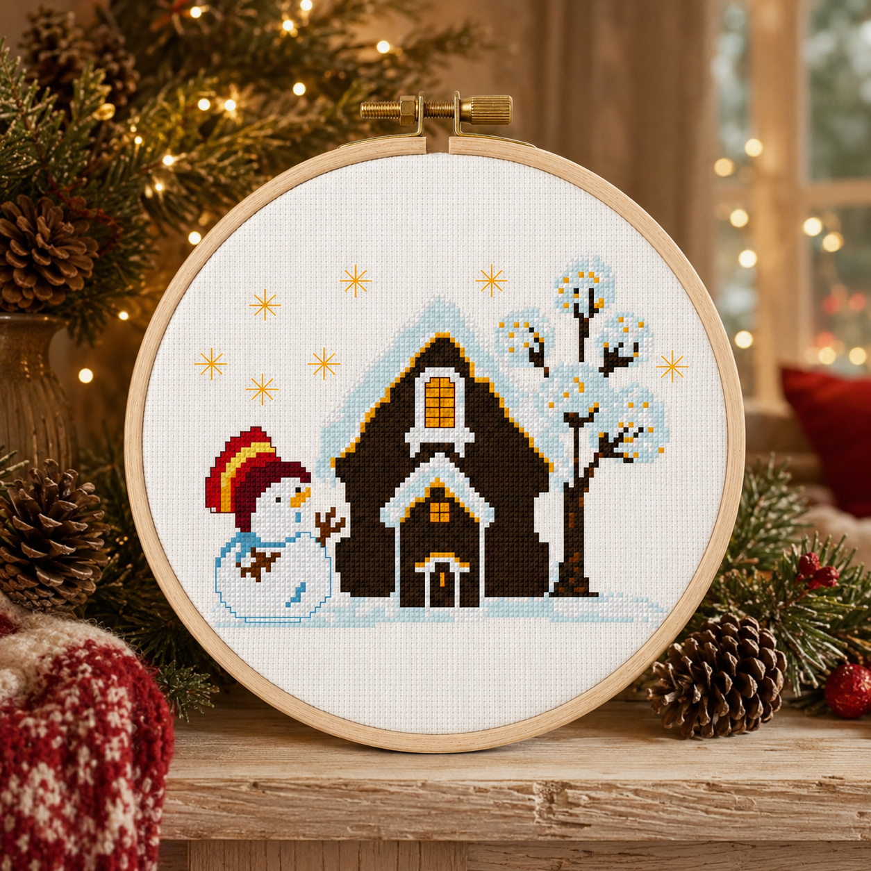 Winter Home with Lights Cross Stitch Pattern PDF, Snowman Christmas Scene, Cozy Winter Decor, Pattern Keeper, Immediate Download